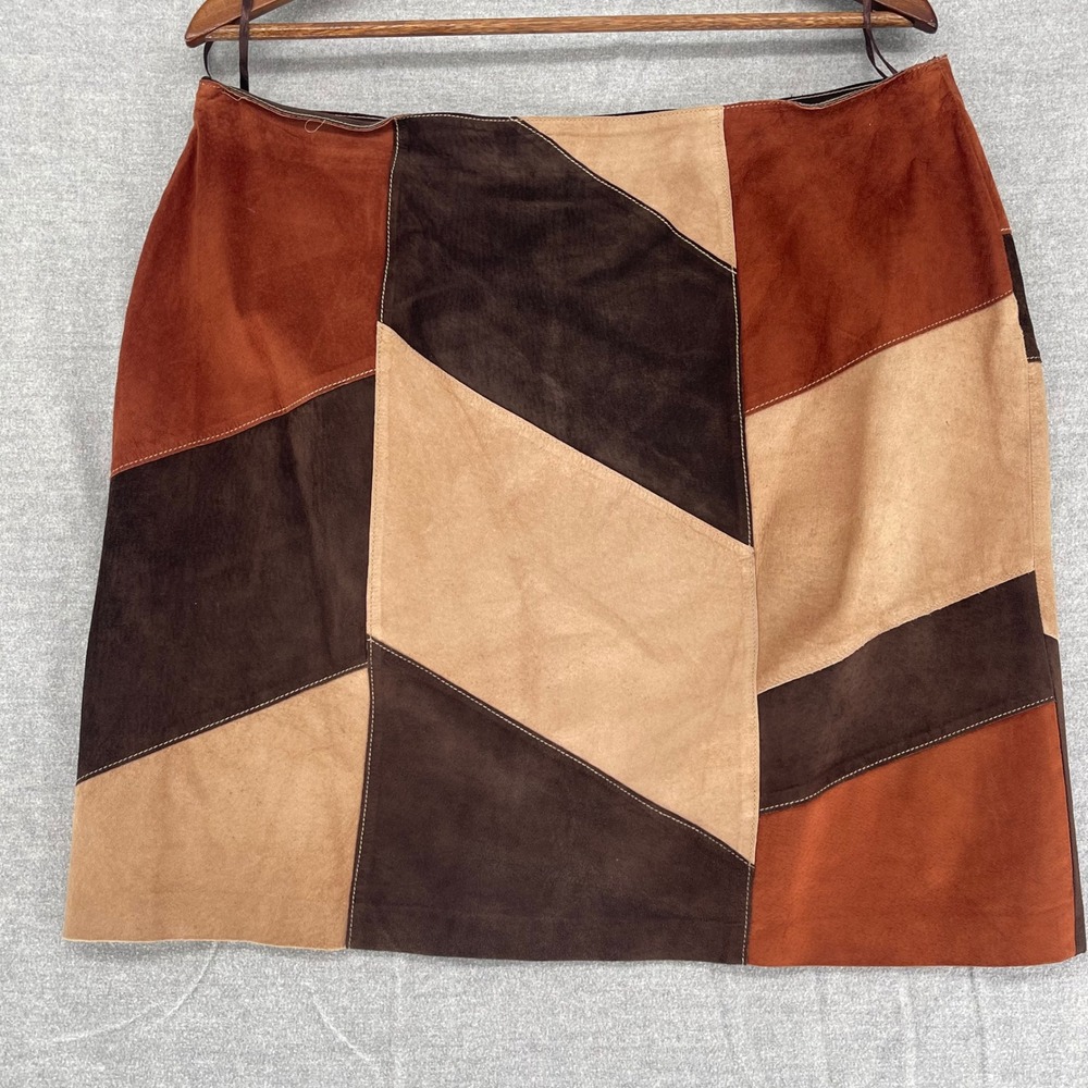 VTG Brown Patchwork Leather Suede Mini Skirt Size 16 Boho 70s Style Western